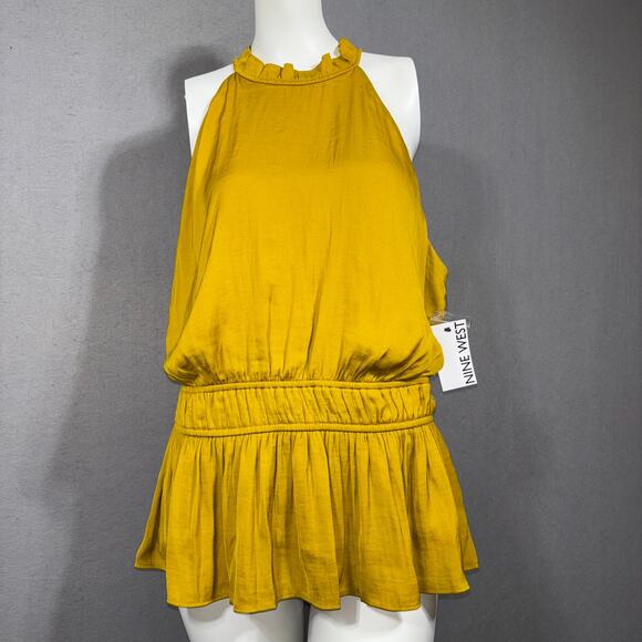 NWT Nine West Mustard Yellow Sleeveless Ruffled Halter Neck Peplum Top XL Glam - Picture 1 of 7